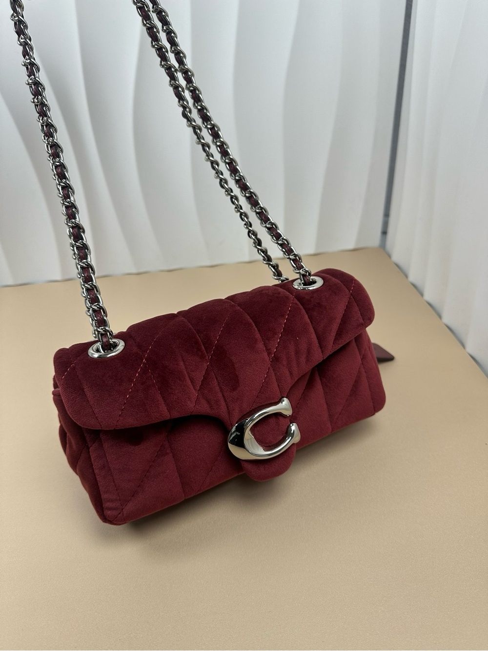 Coach Quilted Suede Crossbody in Burgundy with Silver Hardware